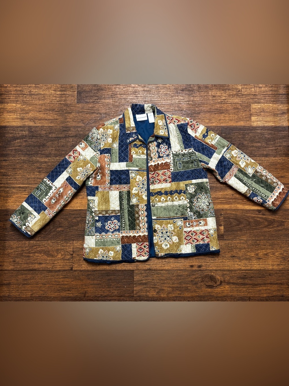 Alfred Dunner Vintage Quilted Patchwork Silk Jacket in Navy, Olive & Mustard